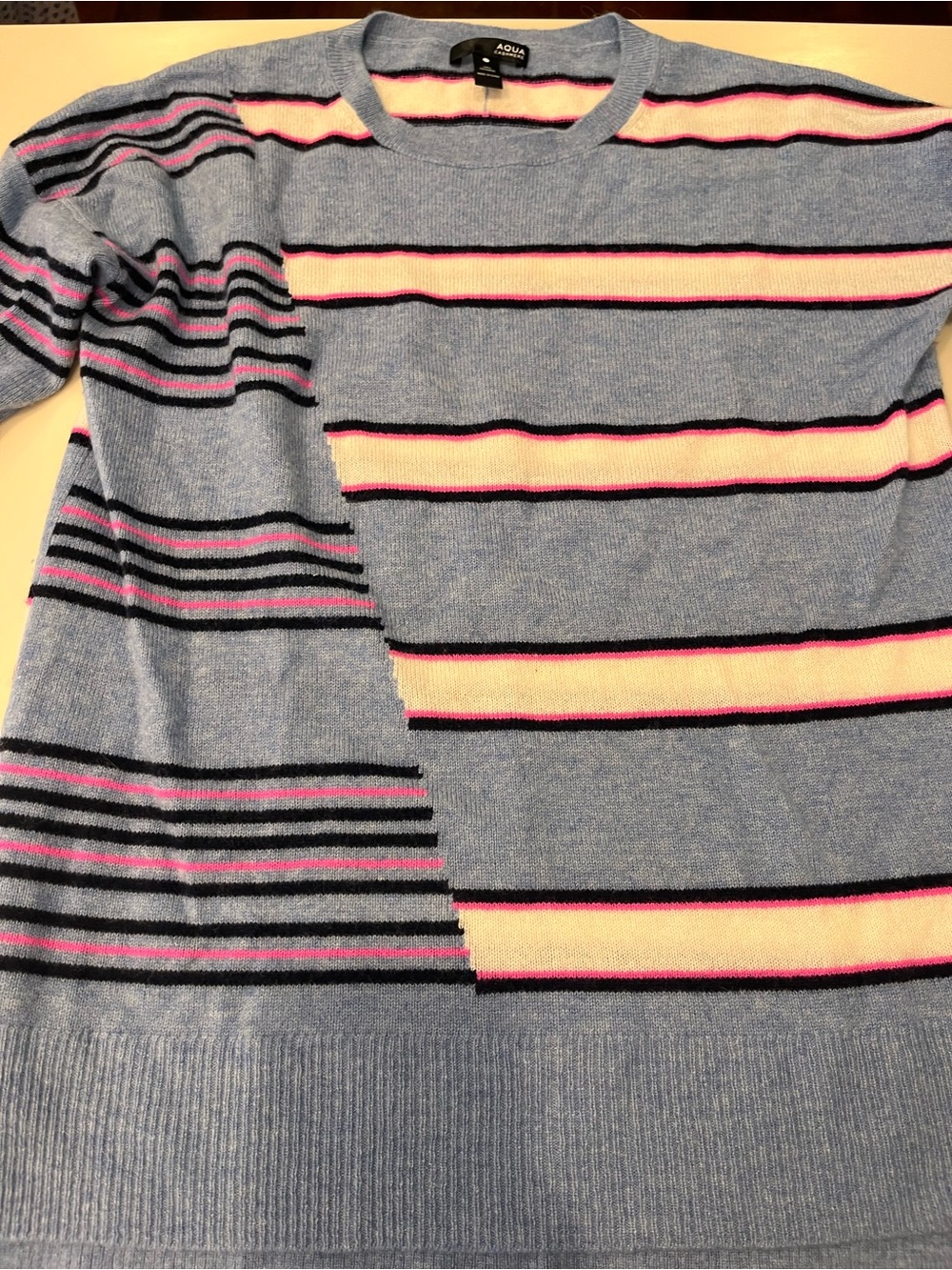 Aqua Pastel Blue Striped Crewneck Sweater with Pink and Cream Bands